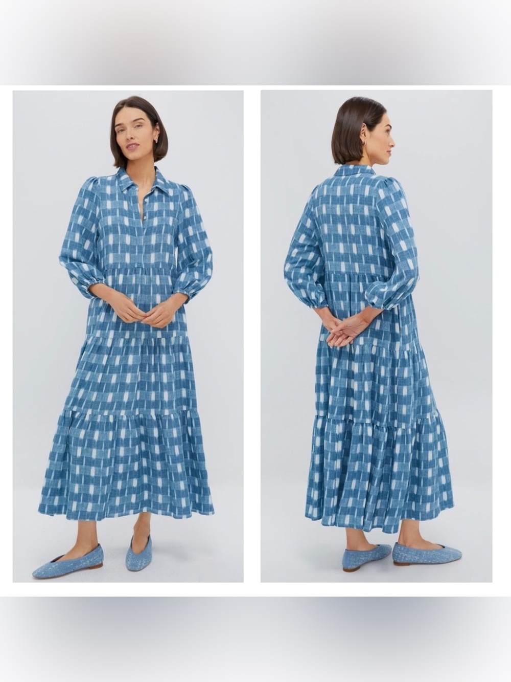 NEW Pomander Place Tuckernuck Blue Ikat Mabel Collared Tiered Maxi Dress Large
